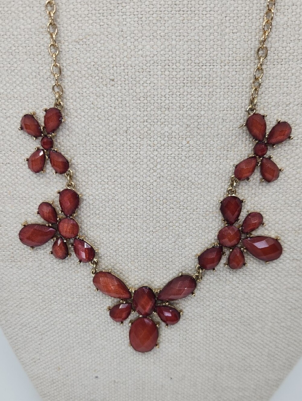 Gold-Tone Red Floral Statement Necklace -Adjustable